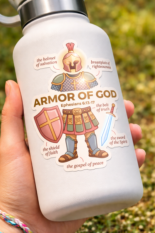 White water bottle with 'Armor of God' sticker held by a hand against a blurred natural background