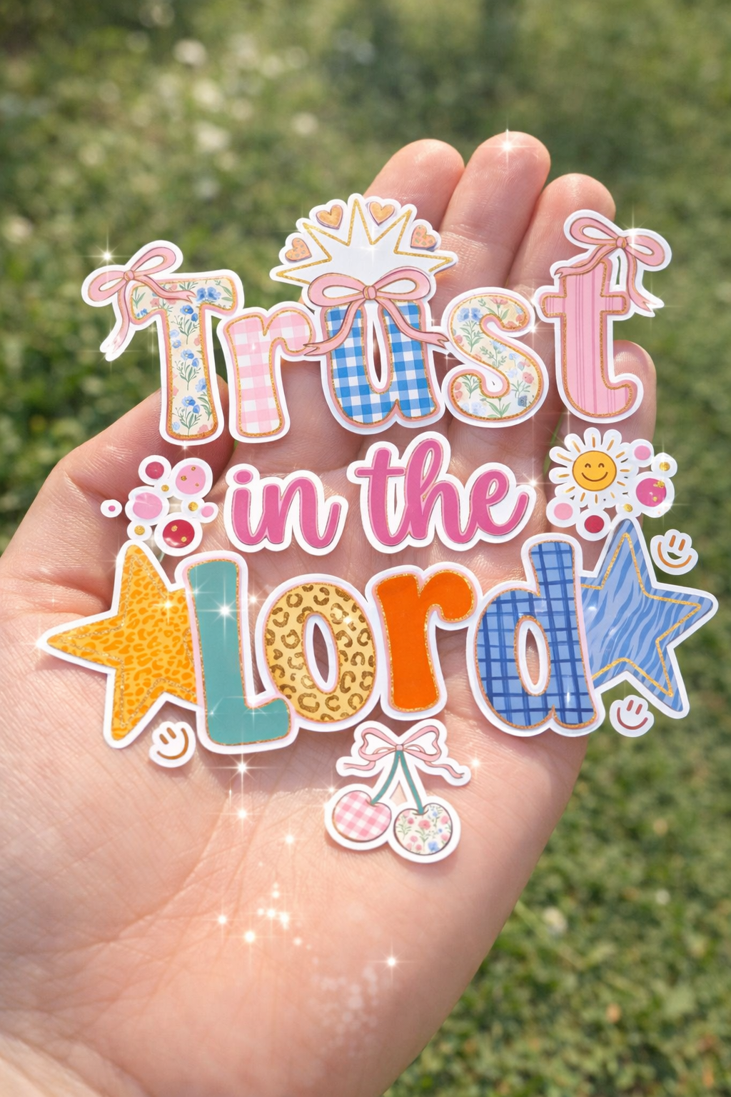 Colorful 'Trust in the Lord' sticker held in a hand with a green background