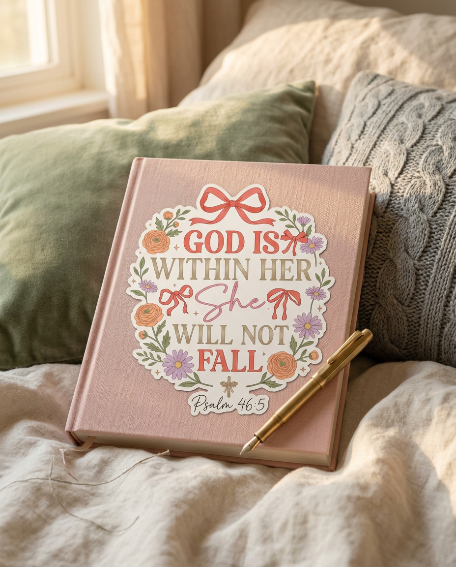 Pink notebook with floral sticker 'God is within her, she will not fall' and a pen on a bed