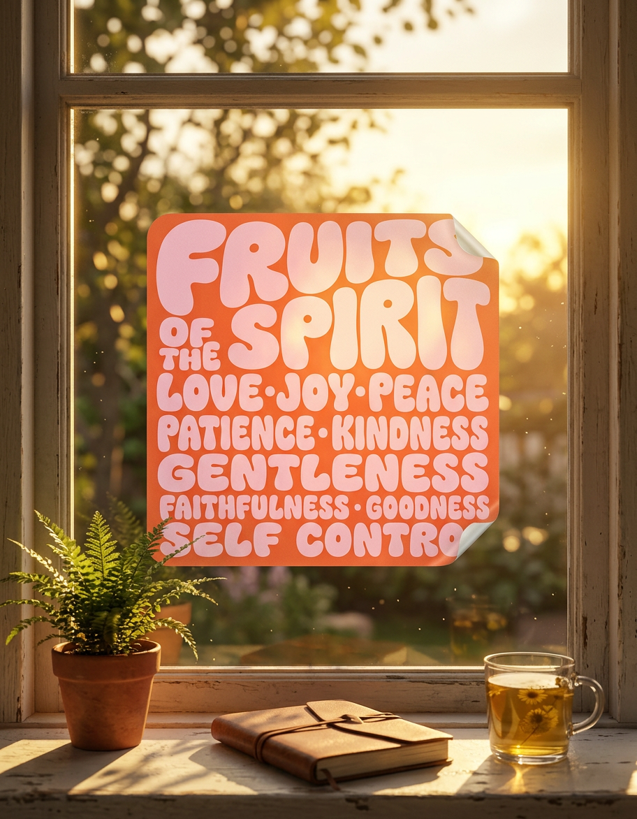 Window with 'Fruits of the Spirit' sticker, plant, notebook, and mug on a windowsill.