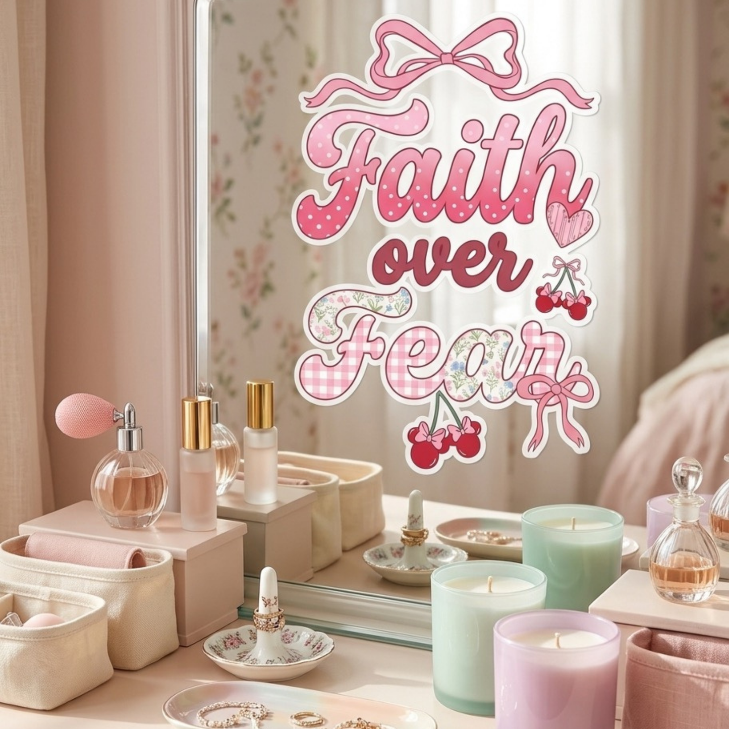 Makeup vanity with skincare products and candles, featuring a decorative sticker overlay 'Faith over Fear'.