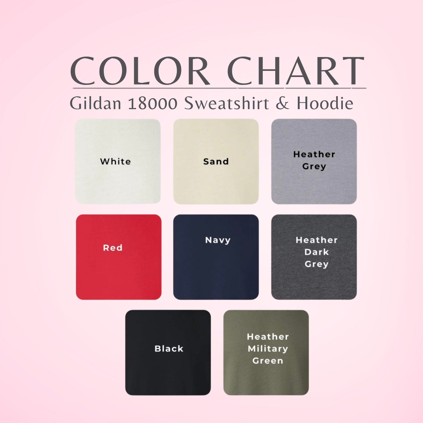 Color chart for Gildan 18000 Sweatshirt & Hoodie with color swatches and names on a pink background.
