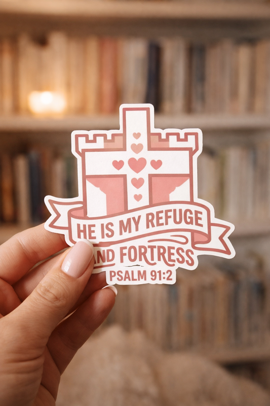 Pink Christian sticker featuring a castle and hearts with Psalm 91:2 Bible verse, “He is my refuge and fortress,” held in hand against a cozy bookshelf background.