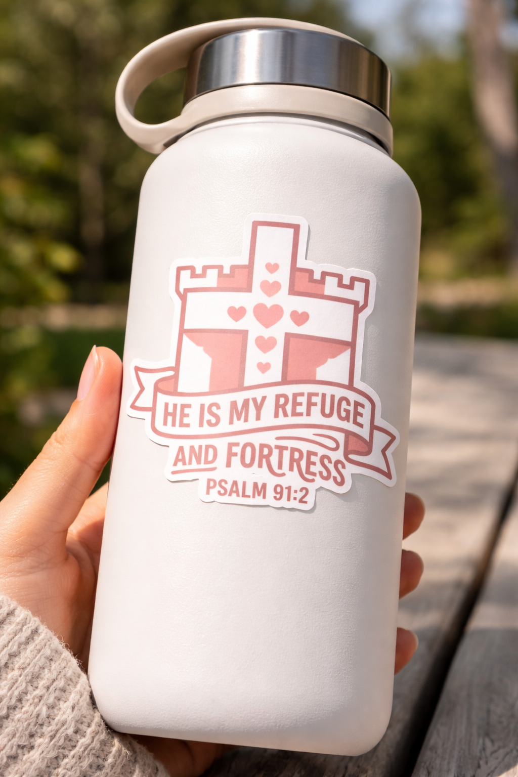 White insulated water bottle with pink Christian castle sticker featuring Psalm 91:2 verse, “He is my refuge and fortress,” held outdoors in warm sunlight.