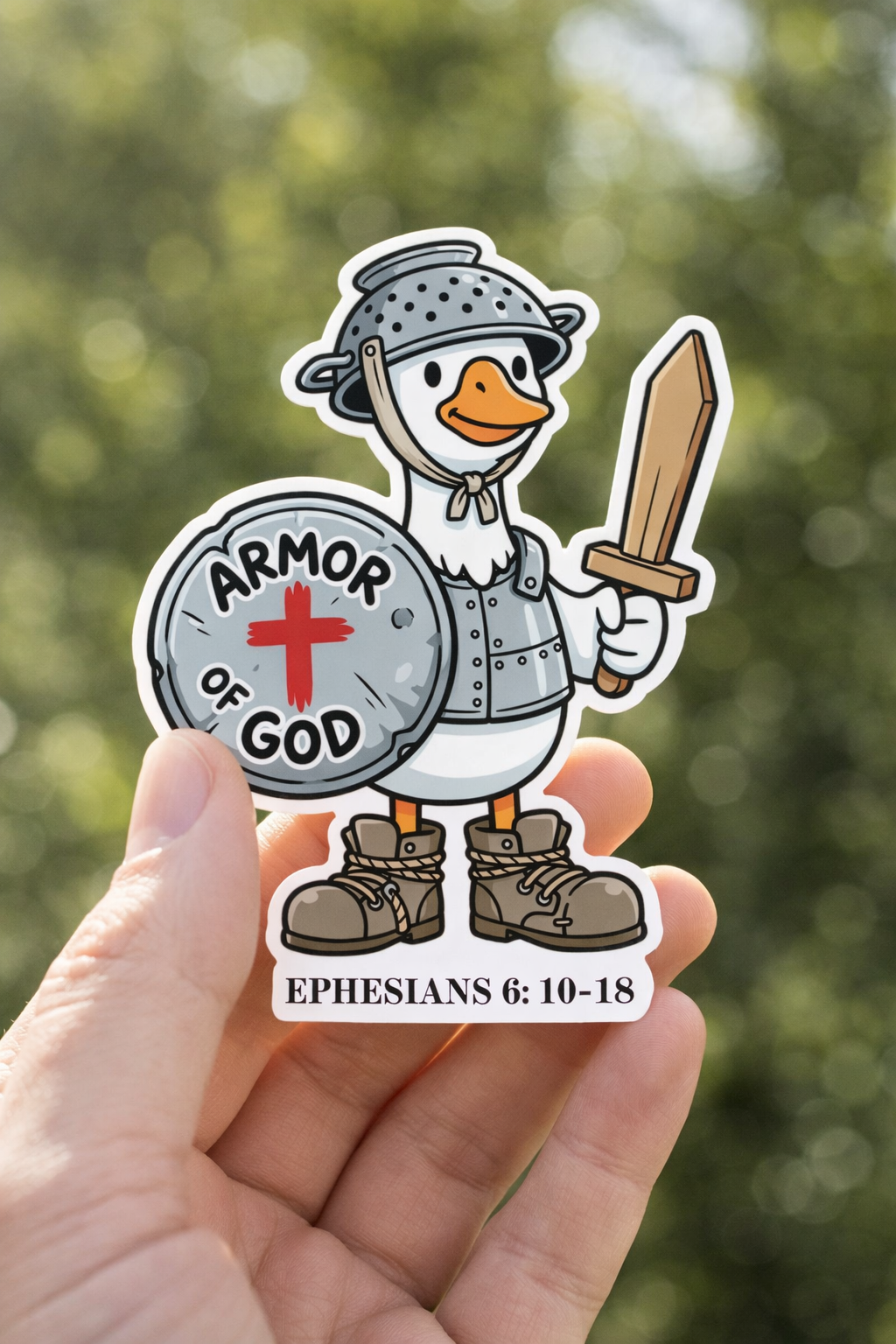 Sticker of a goose in armor with 'Armor of God' text held by a hand against a blurred green background