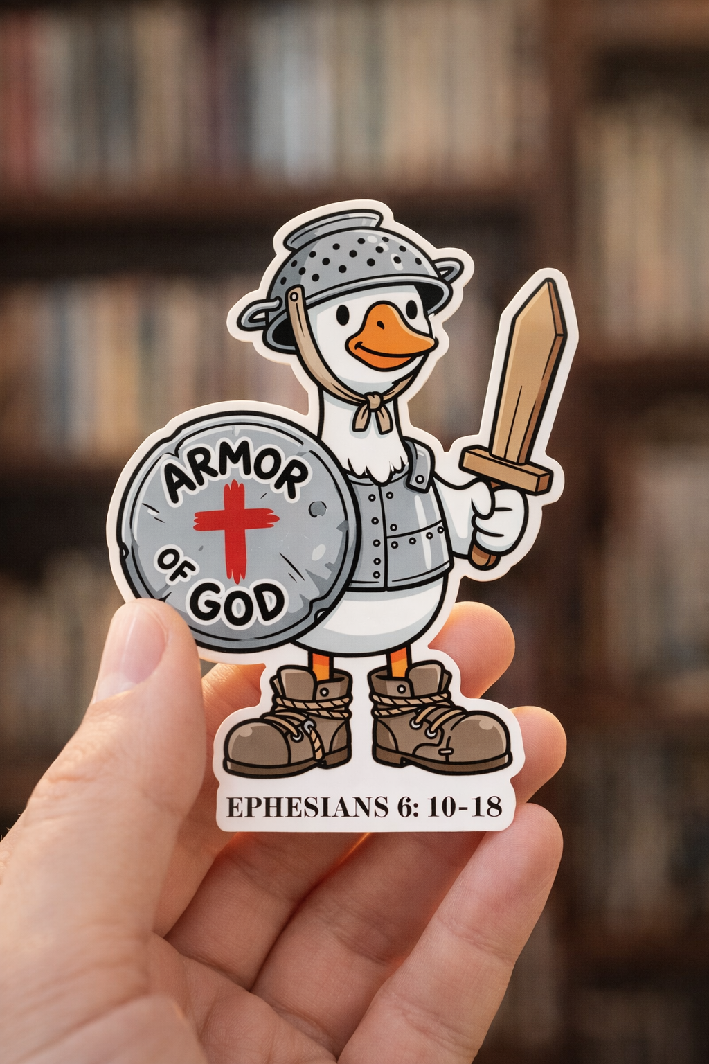Sticker of a goose wearing armor with 'Armor of God' text, held in front of a bookshelf.
