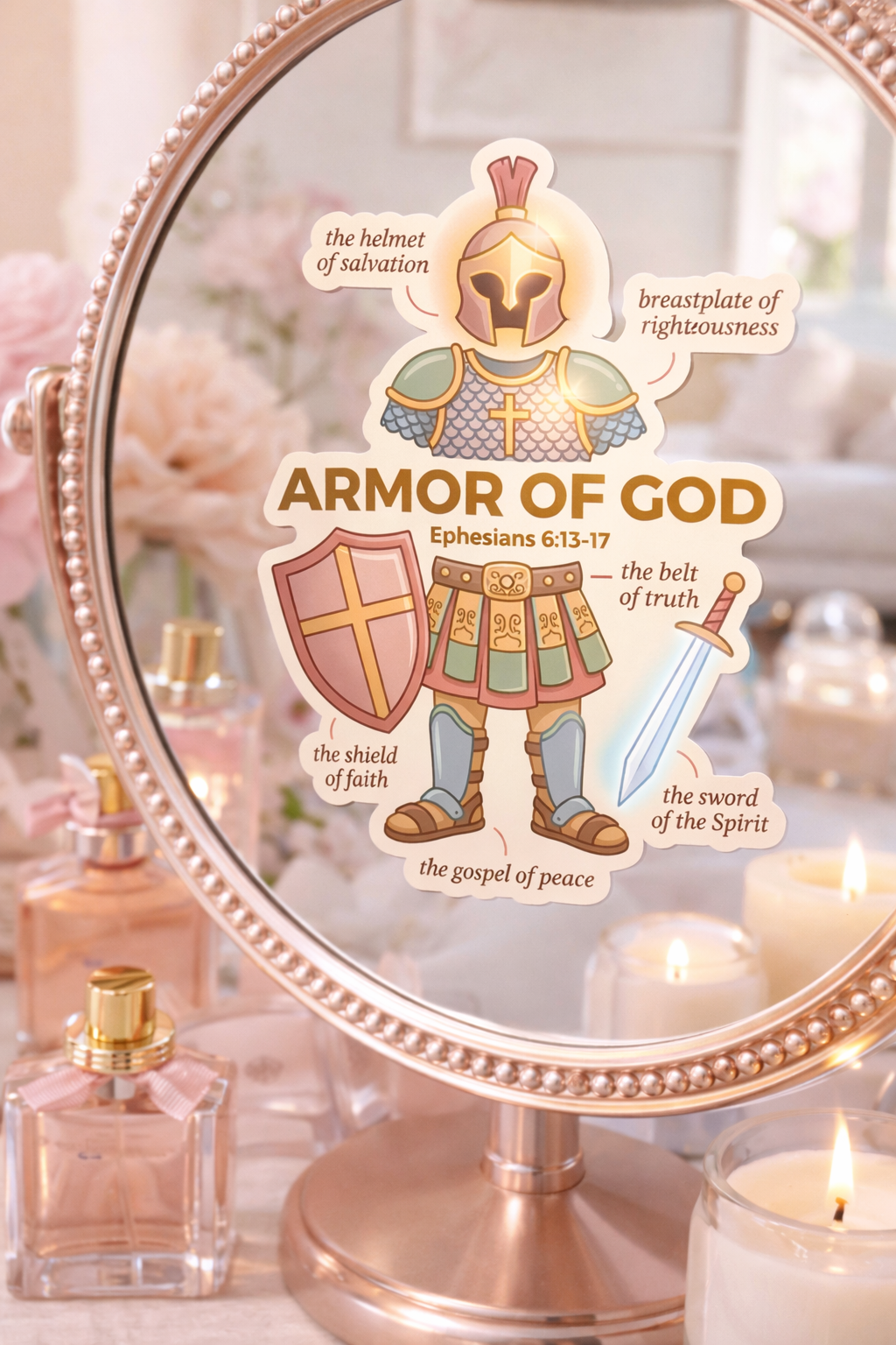 Decorative mirror with 'Armor of God' sticker featuring a knight illustration, surrounded by candles and perfume bottles.