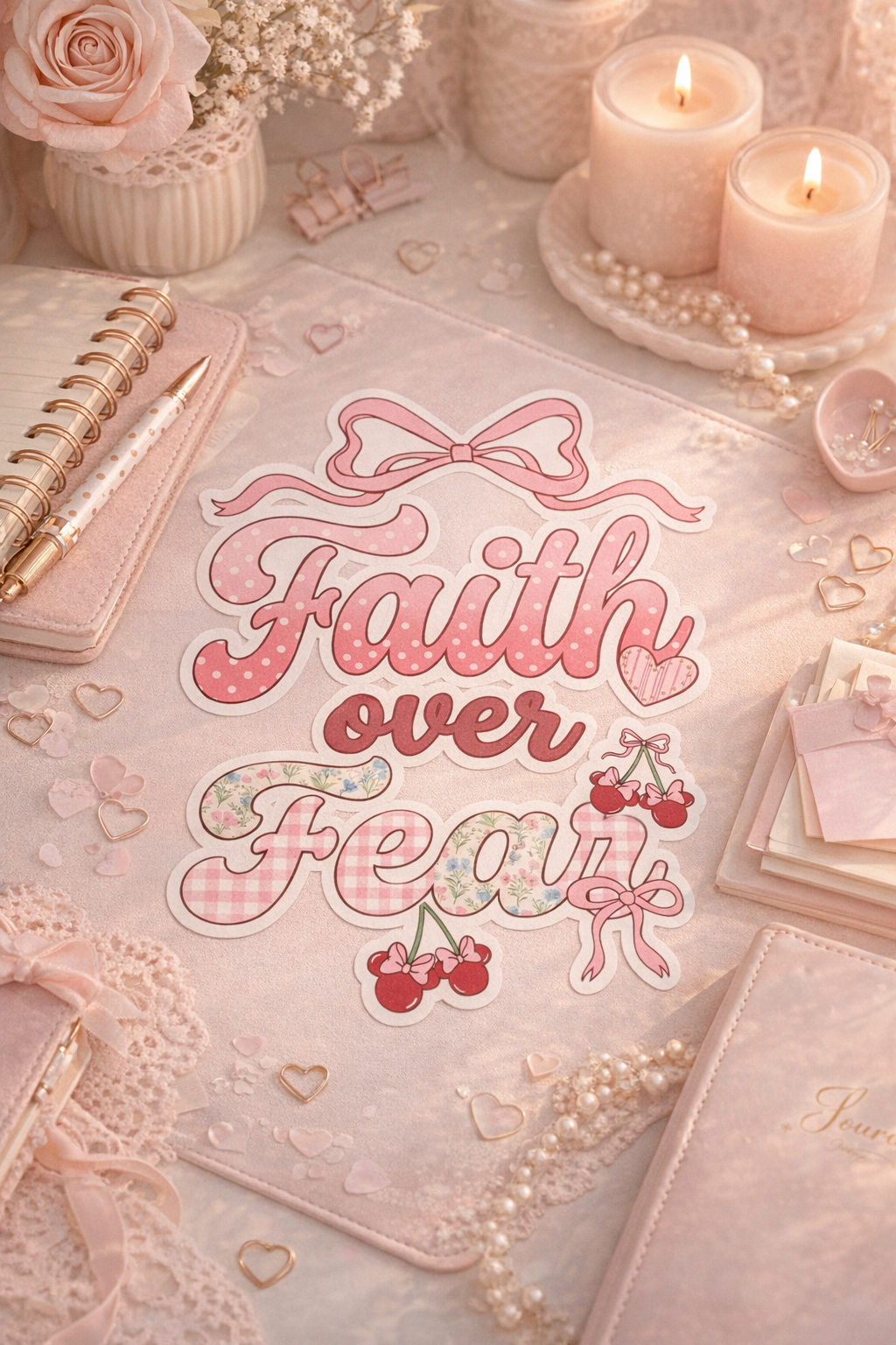 Decorative surface with 'Faith over Fear' sticker, candles, and stationery items.