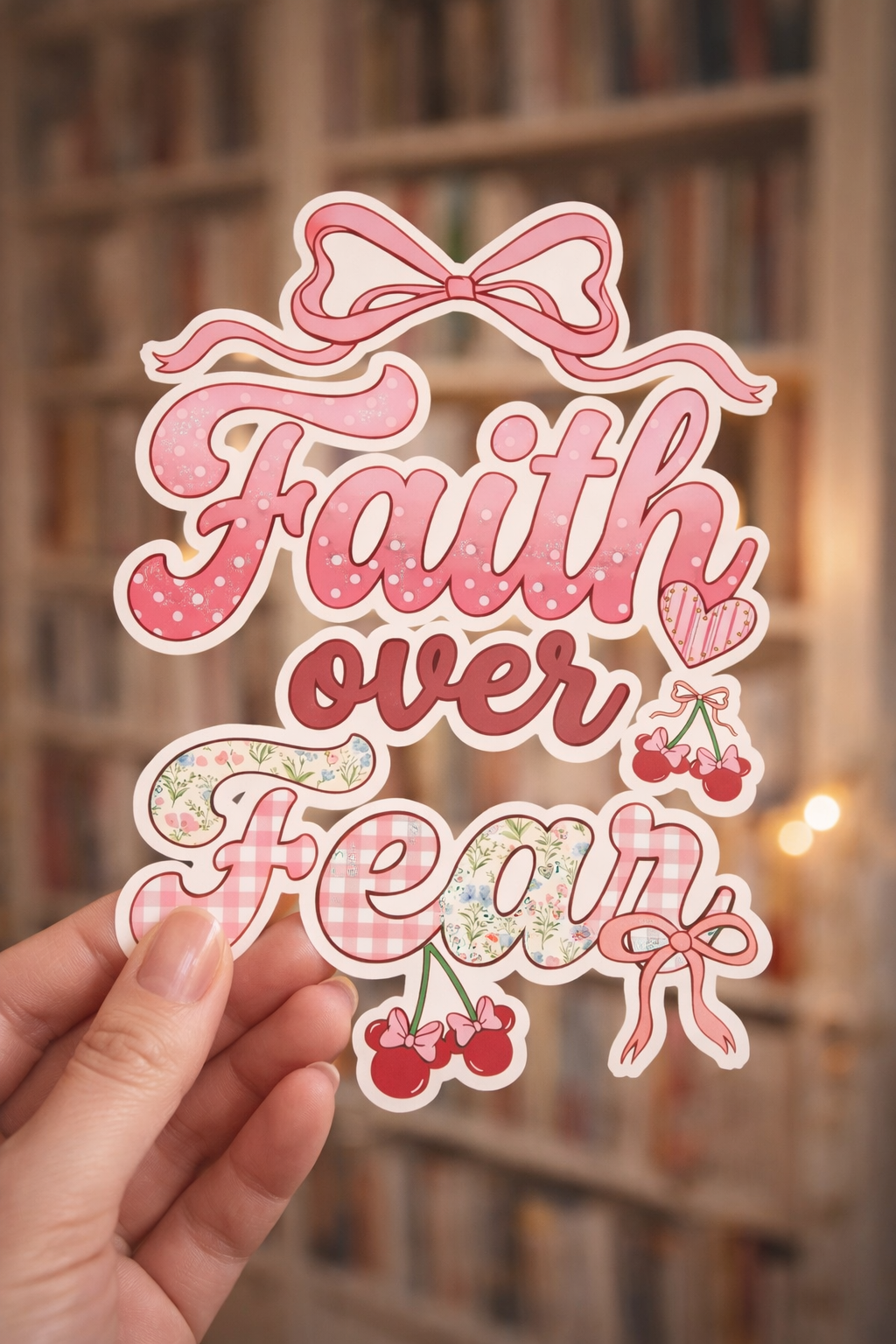 Sticker with 'Faith over Fear' text held in front of a blurred bookshelf background
