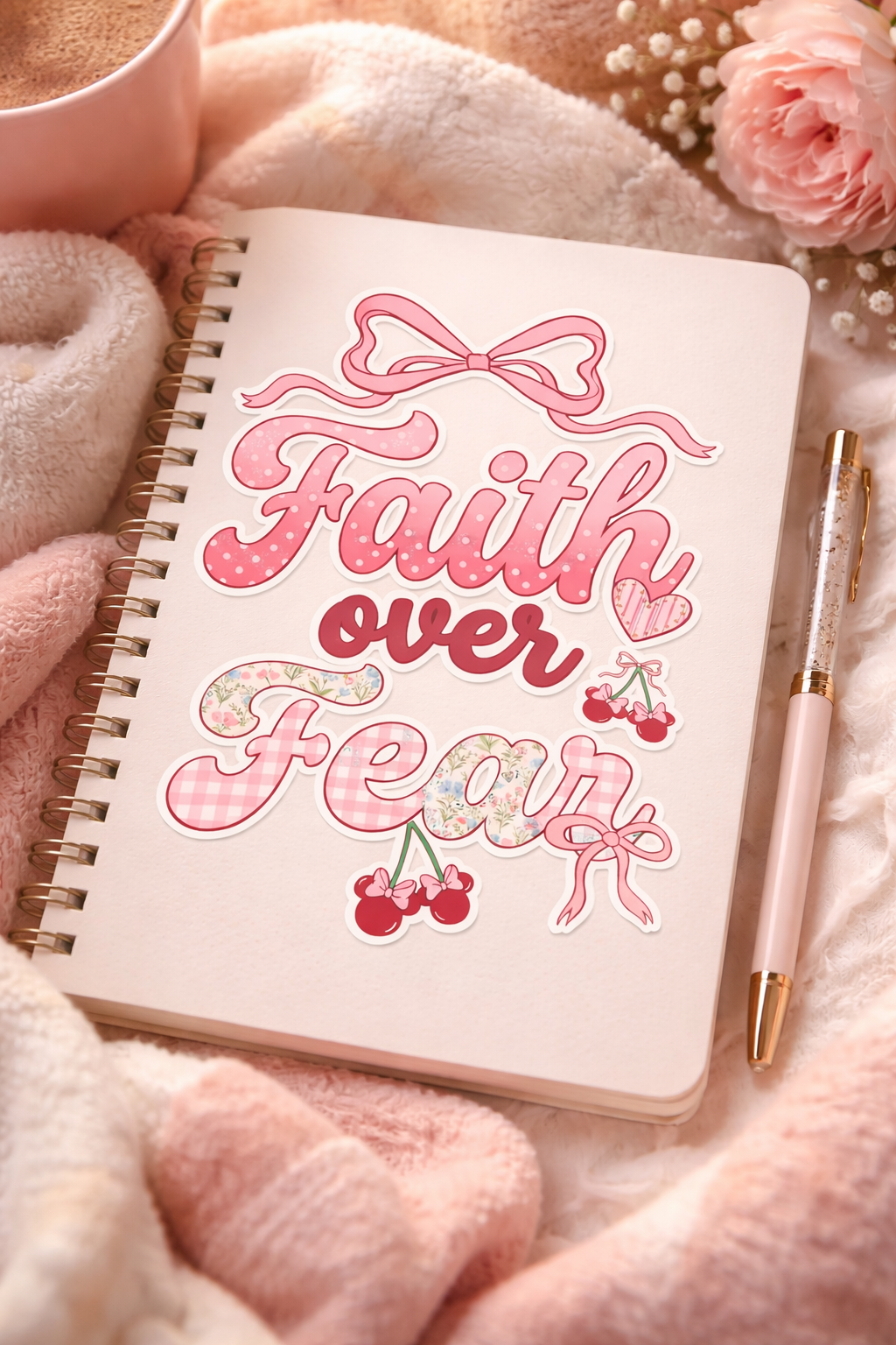 Notebook with 'Faith over Fear' sticker on a soft surface with a pen and cup.