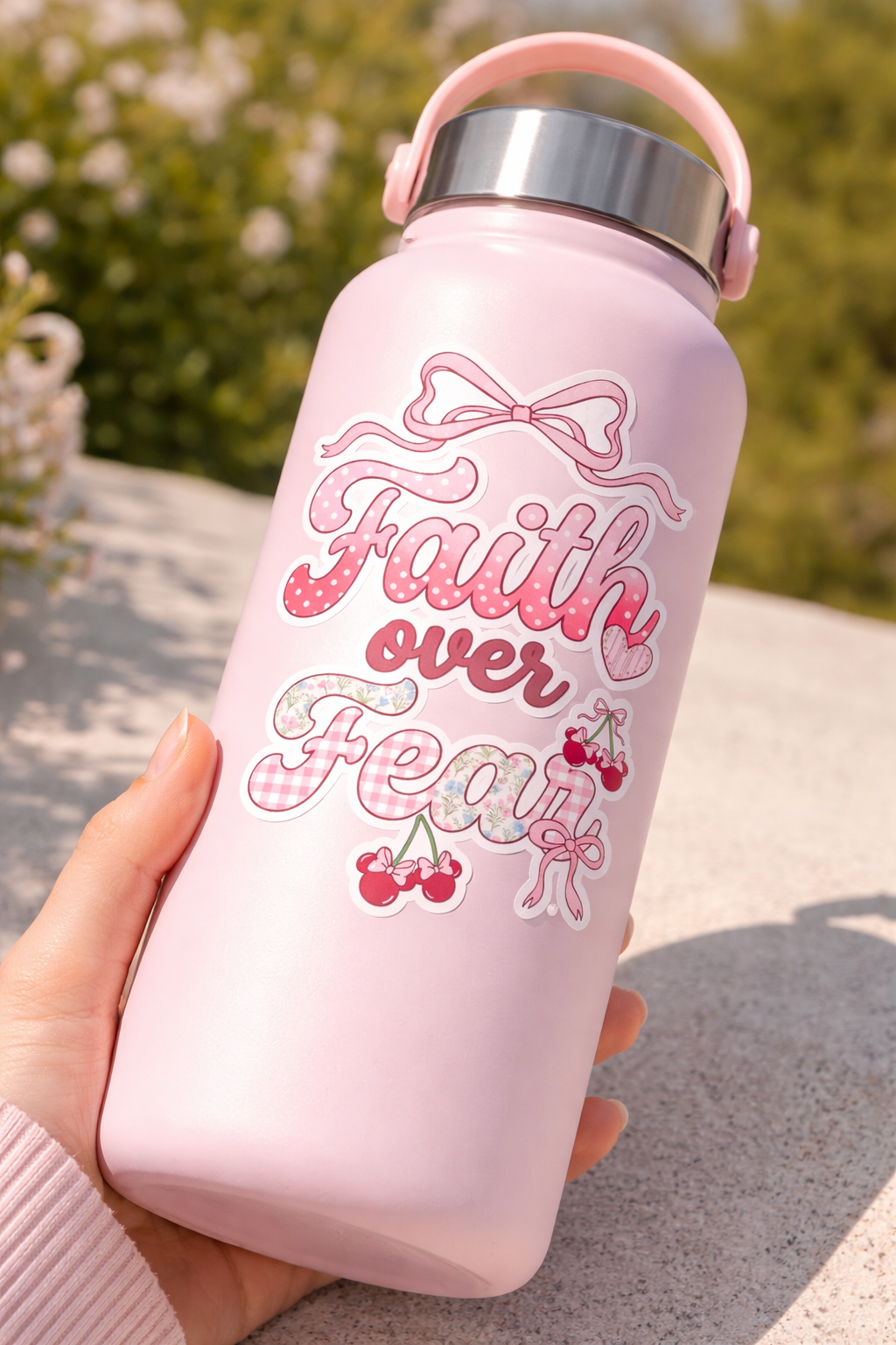 Pink water bottle with 'Faith over Fear' sticker held by a hand outdoors.