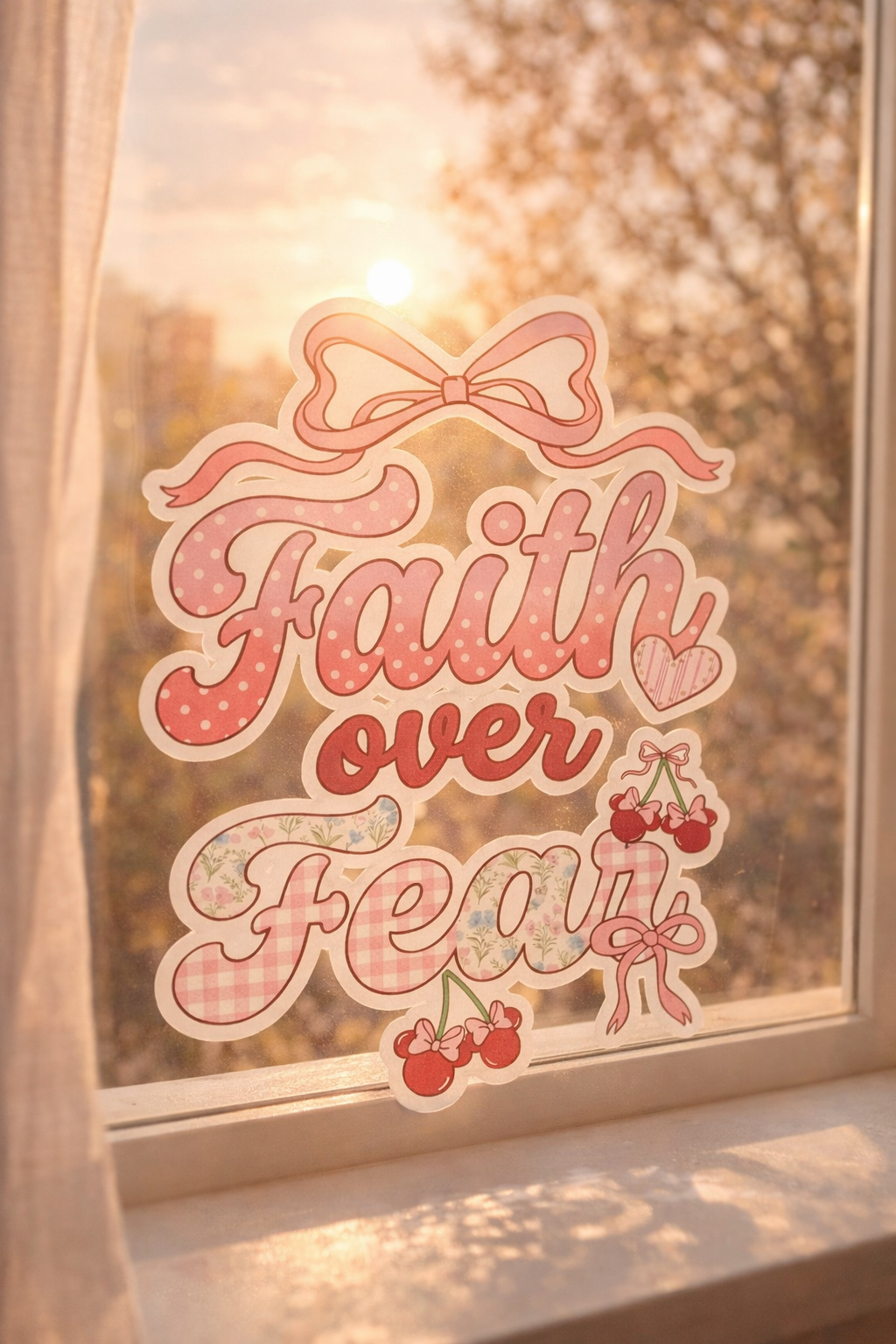 Decorative sticker with 'Faith over Fear' sticker on a window with a blurred outdoor background