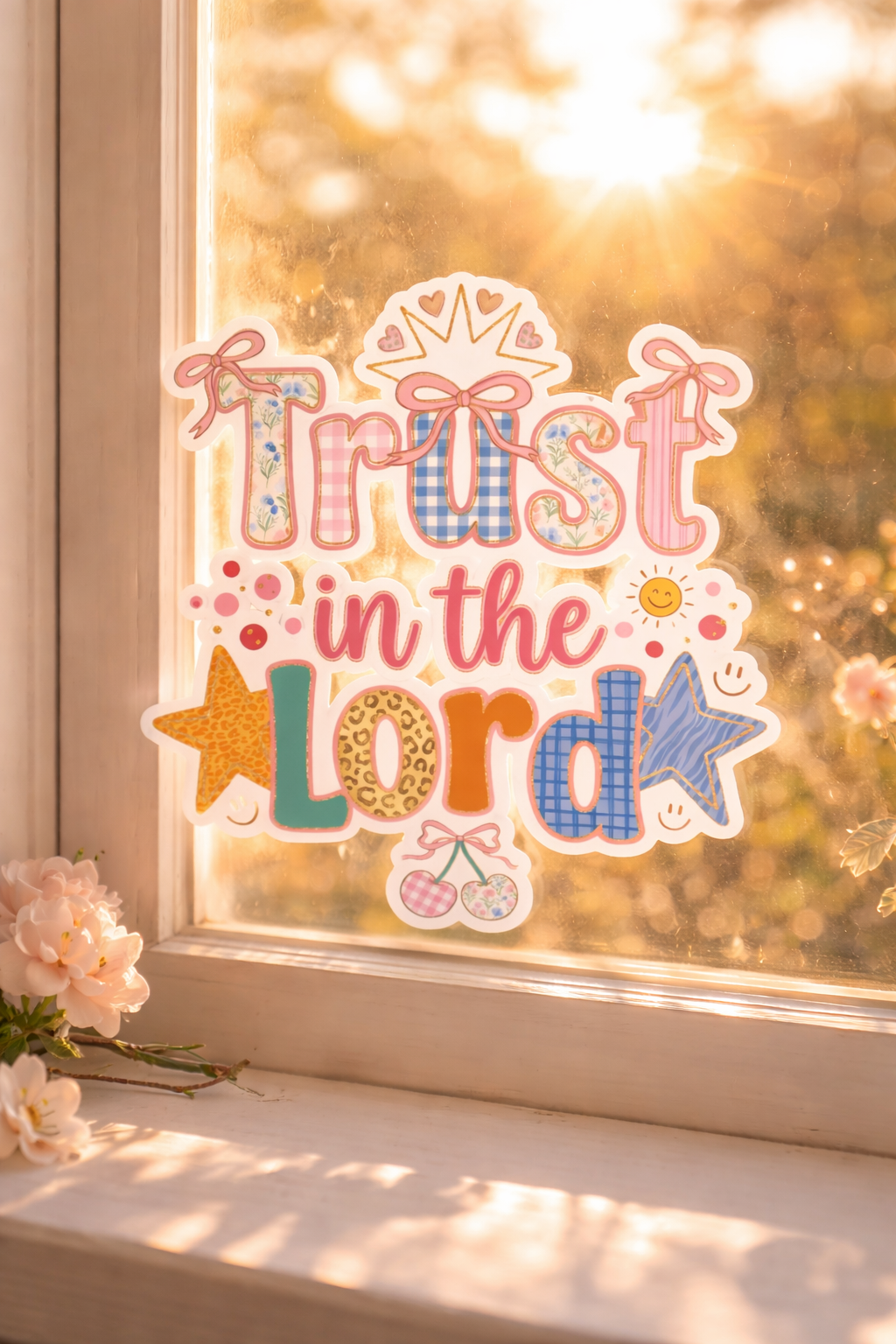 Decorative sticker with 'Trust in the Lord' sticker on a window with a blurred outdoor background