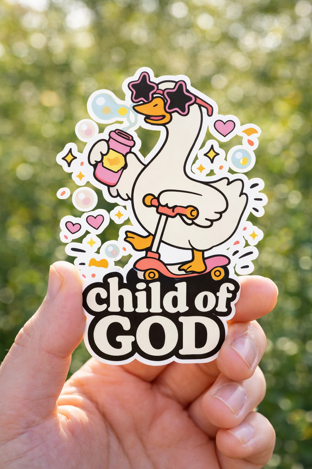 Sticker with a cartoon goose holding a star and 'Child of God' text, held by a hand against a blurred green background.