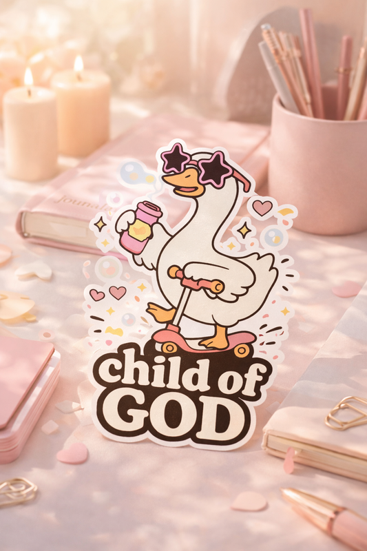 Sticker with a cartoon goose on a scooter and 'Child of God' text, placed on a desk with stationery items.