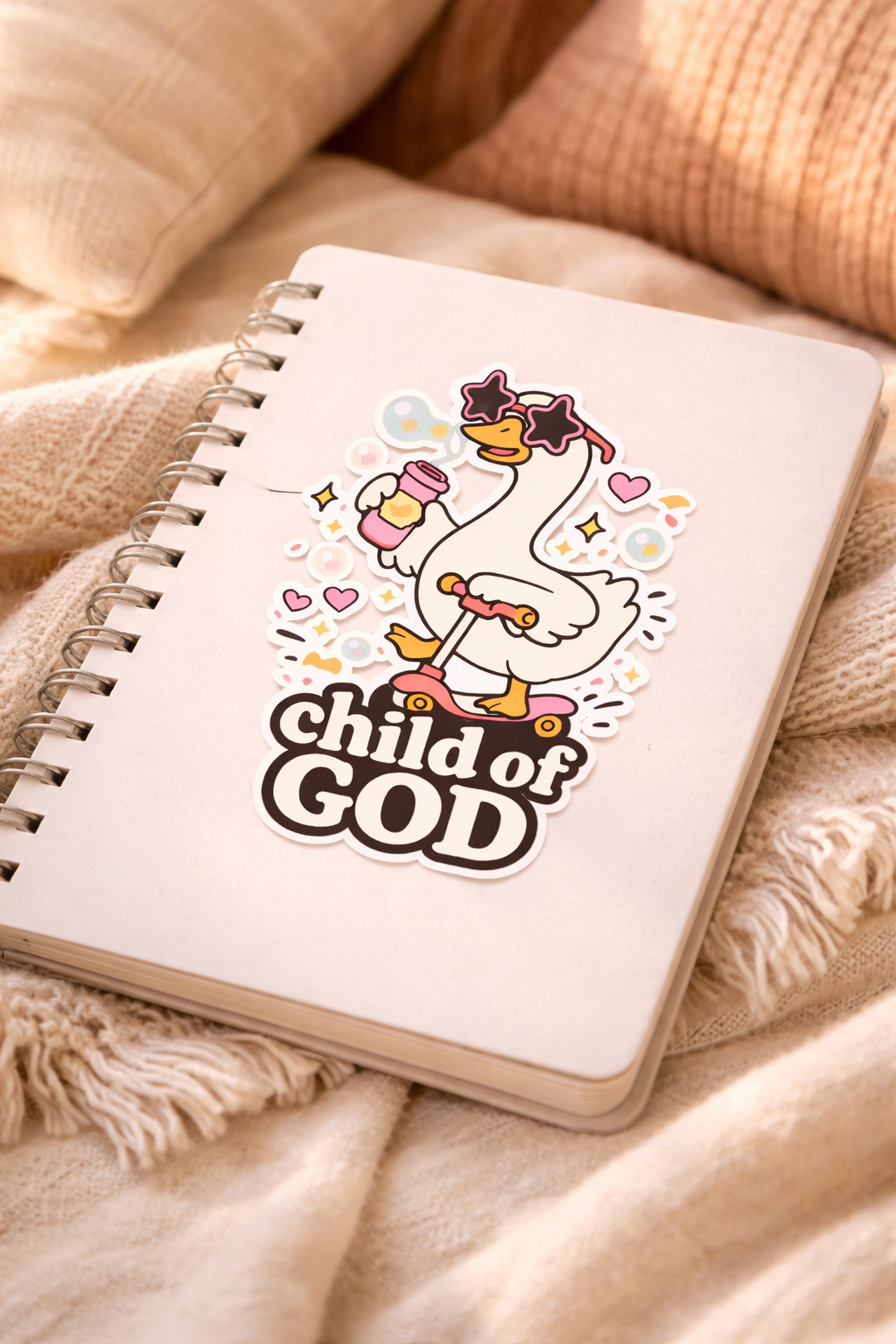 Notebook with a cartoon goose illustration and 'child of God' text on a soft fabric background