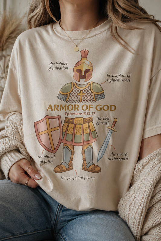 Woman wearing a cream oversized Christian t-shirt featuring Armor of God scripture design from Ephesians 6:13-17 with illustrated helmet of salvation, breastplate of righteousness, shield of faith, sword of the spirit, belt of truth, and gospel of peace.