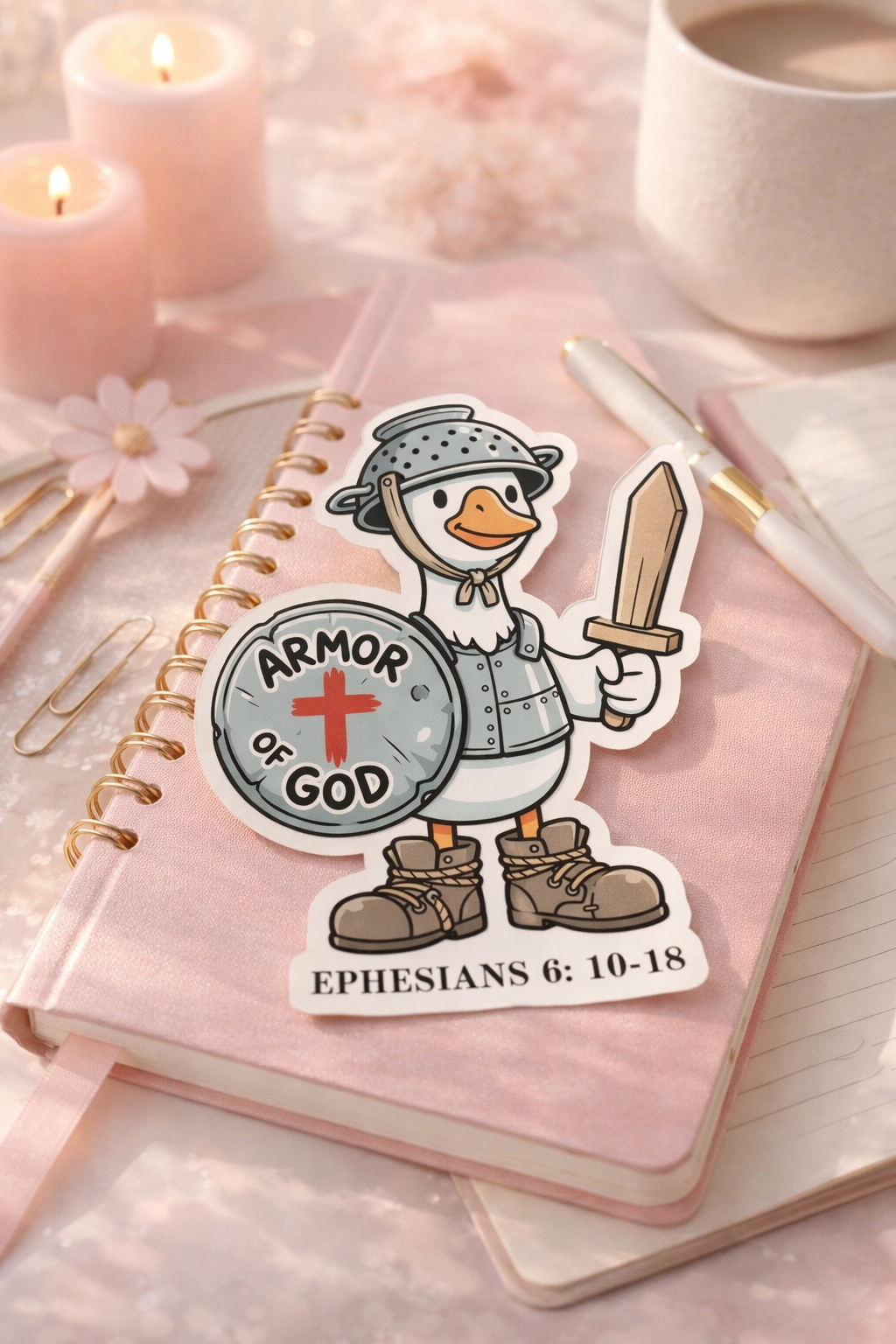 Sticker of a goose wearing armor of God on a pink notebook with candles and a cup in the background.