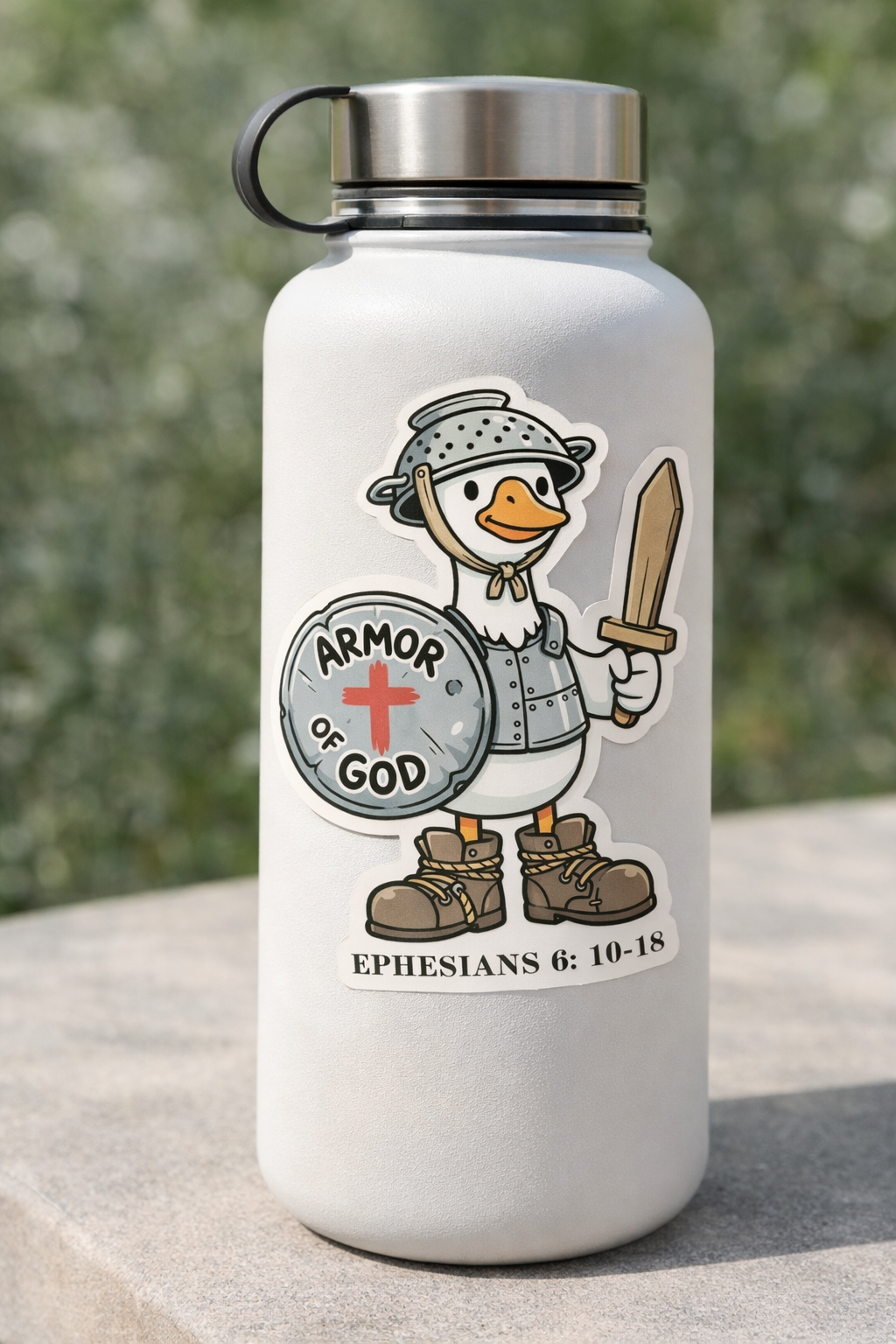 White water bottle with a cartoon goose holding a sword and shield labeled 'Armor of God' on a blurred natural background.