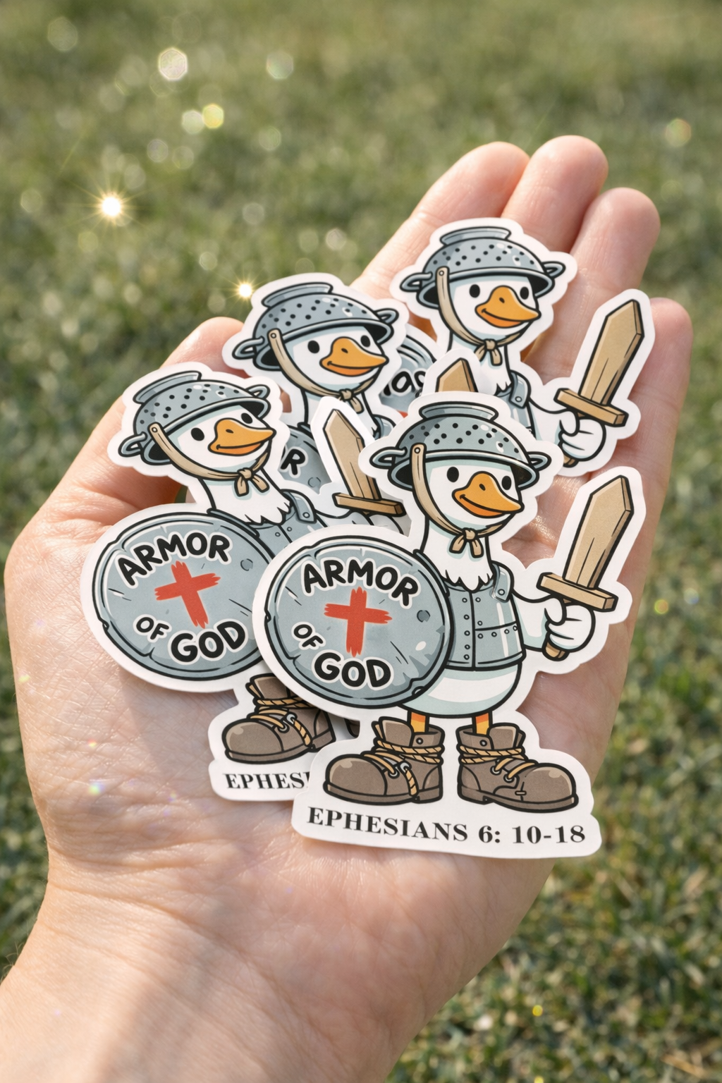 Hand holding a sticker of a goose in armor with 'Armor of God' text against a grassy background