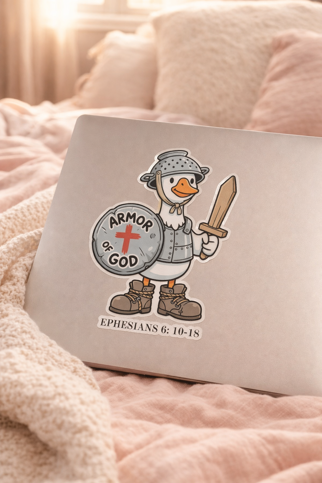 Laptop with 'Armor of God' sticker on a soft pink blanket