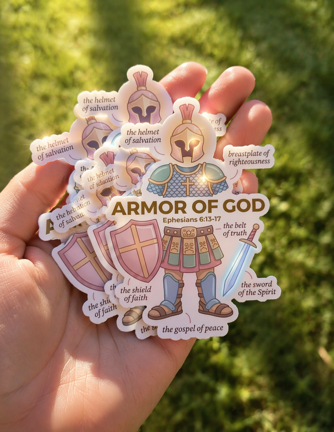 Set of 'Armor of God' stickers held in a hand with grass background