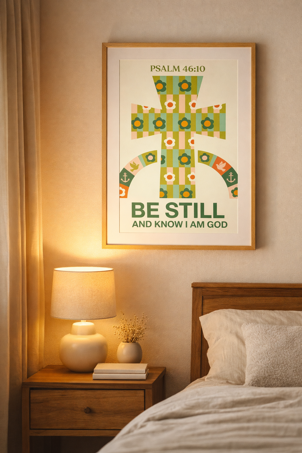 Poster in a wooden frame showing a patterned cross with flowers and the text “Be still and know I am God,” leaning against a wall on a floor with soft natural lighting and minimal decorative elements.