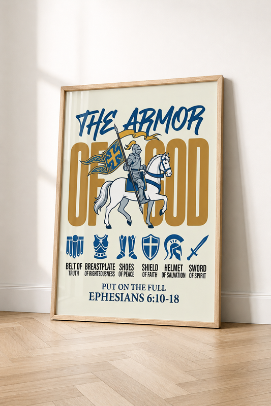 Framed poster titled 'The Armor of God' with a knight on a horse design, against a wall.