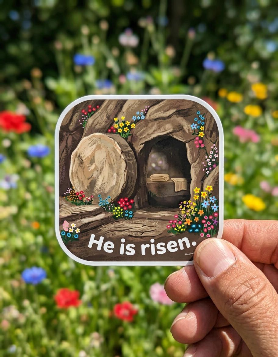 Sticker of a Easter scene with 'He is risen.' text held in front of a floral background