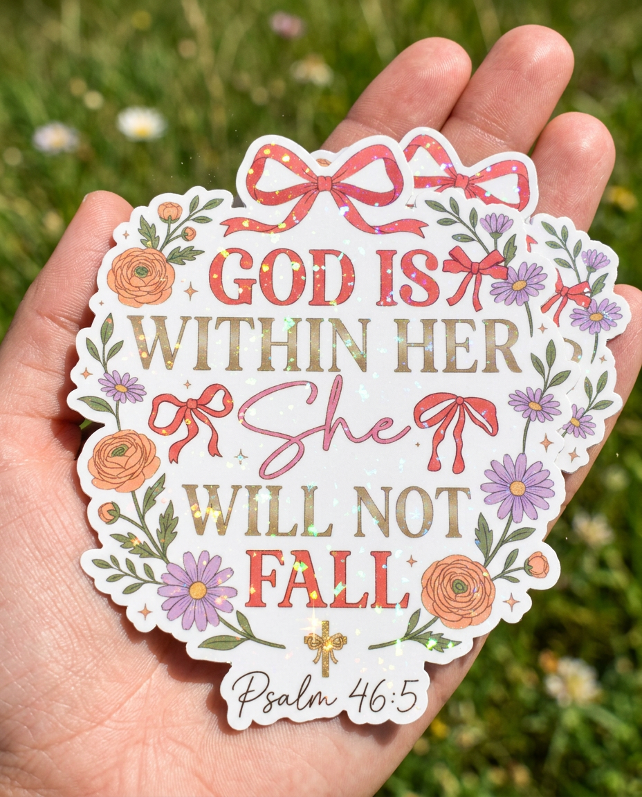 Decorative sticker 'God is within her, she will not fall' with floral design and text held in a hand against a grassy background