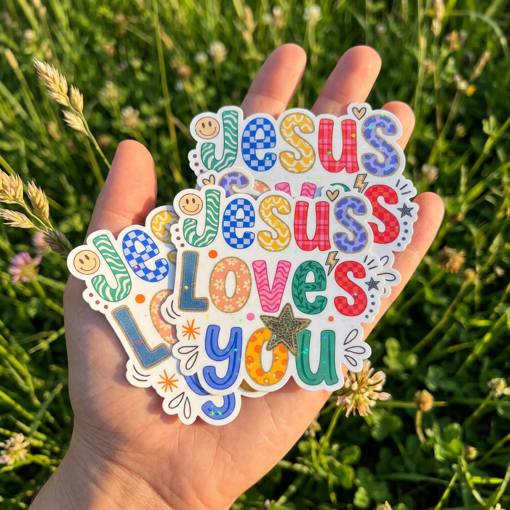 Hand holding multiple colorful Jesus loves you Christian stickers in a sunny grassy field with wildflowers, cute faith sticker bundle mockup for laptop, water bottle, journal, Bible journaling, and Christian gift ideas.