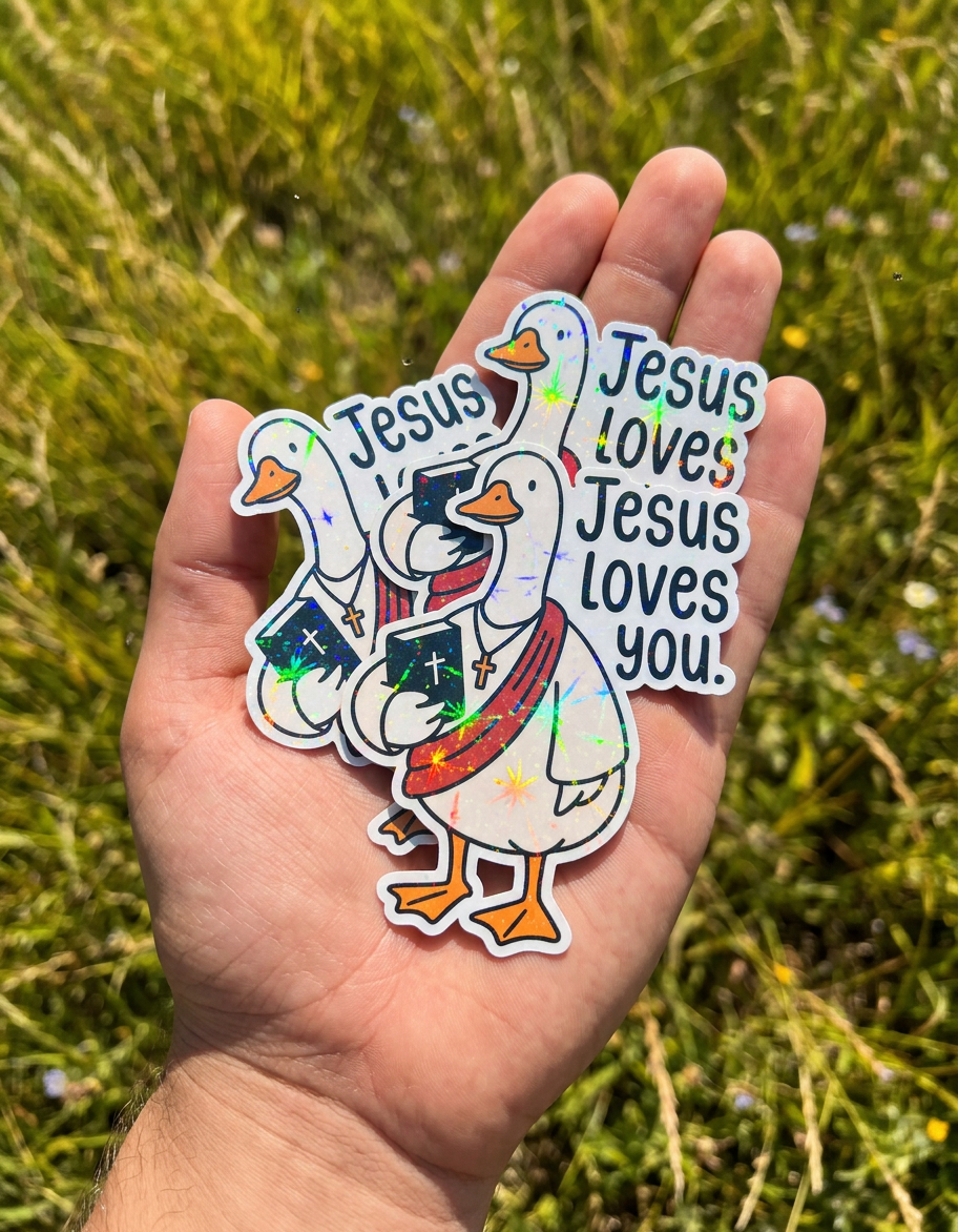 Hand holding a 'Jesus loves you' sticker with a colorful duck design against a grassy background.