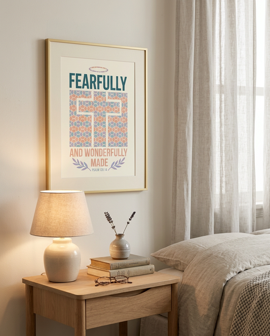 Framed artwork with motivational quote above a bedside table in a bedroom.