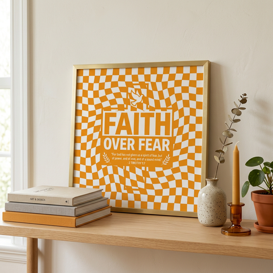 Framed poster with 'Faith Over Fear' on a wooden shelf with decor items.