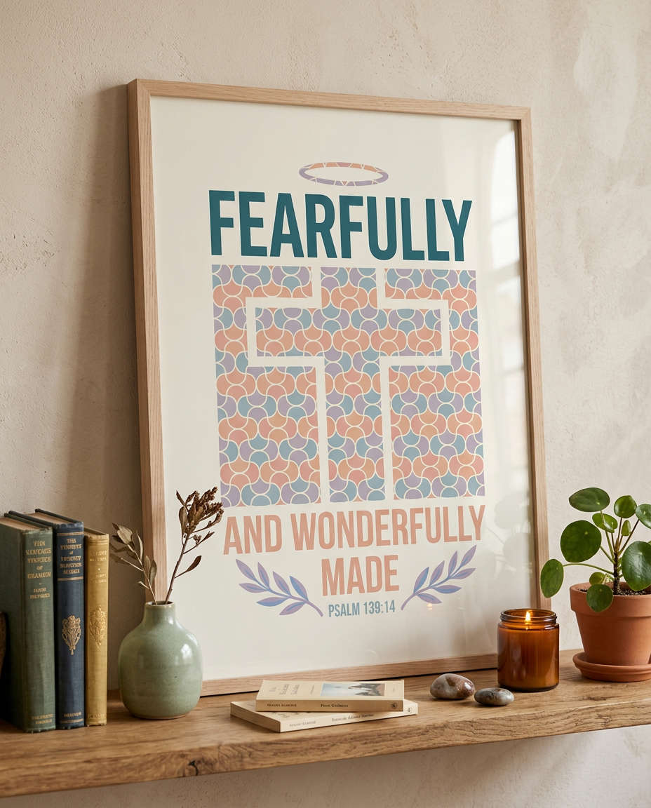 Framed poster with 'Fearfully and Wonderfully Made' text on a shelf with books and plants.