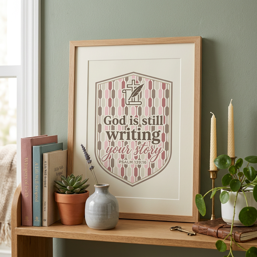 Psalm 139:16 Christian wall art poster saying God Is Still Writing Your Story in minimalist black and white bedroom decor