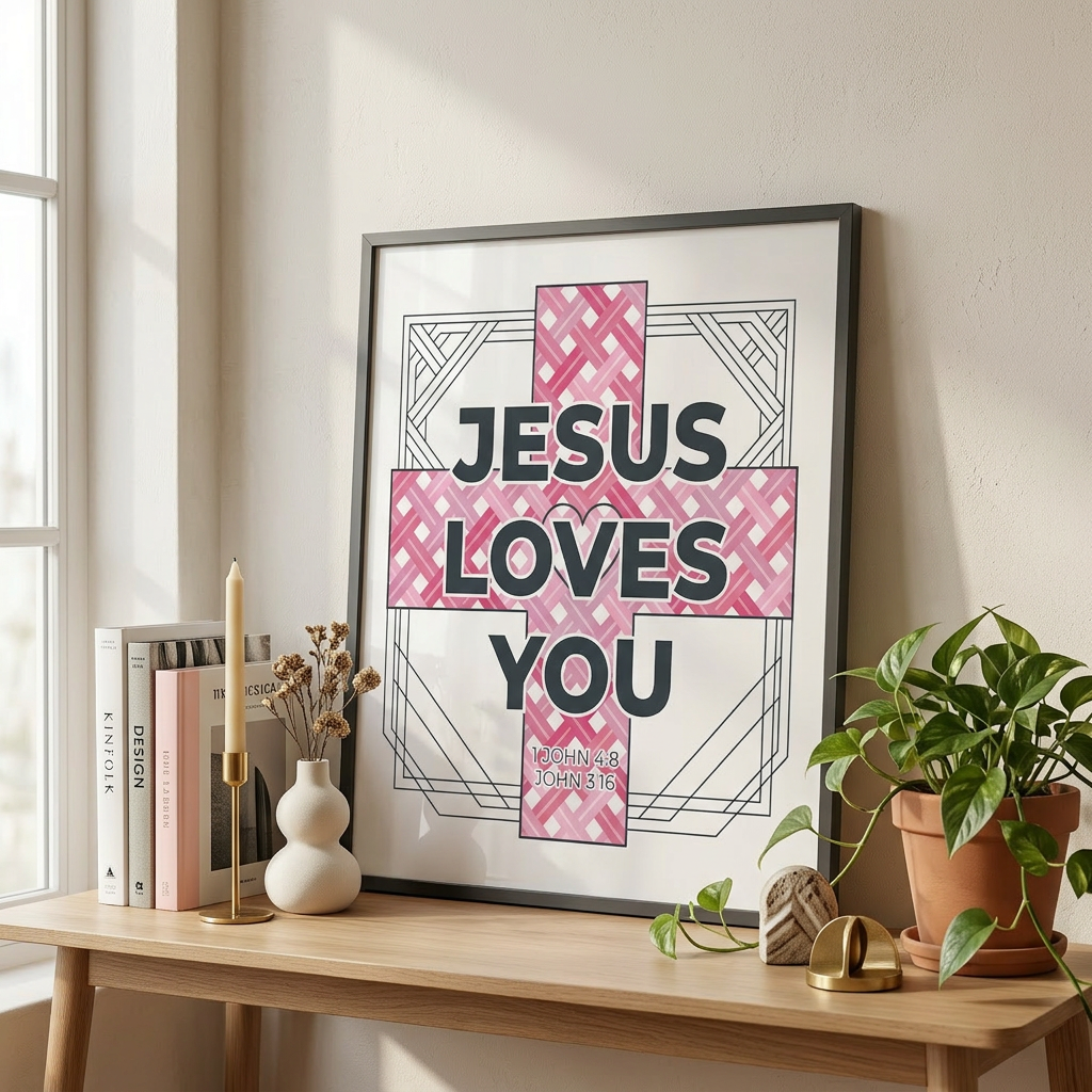 Framed poster with 'Jesus Loves You' text on a wooden table with decor items.