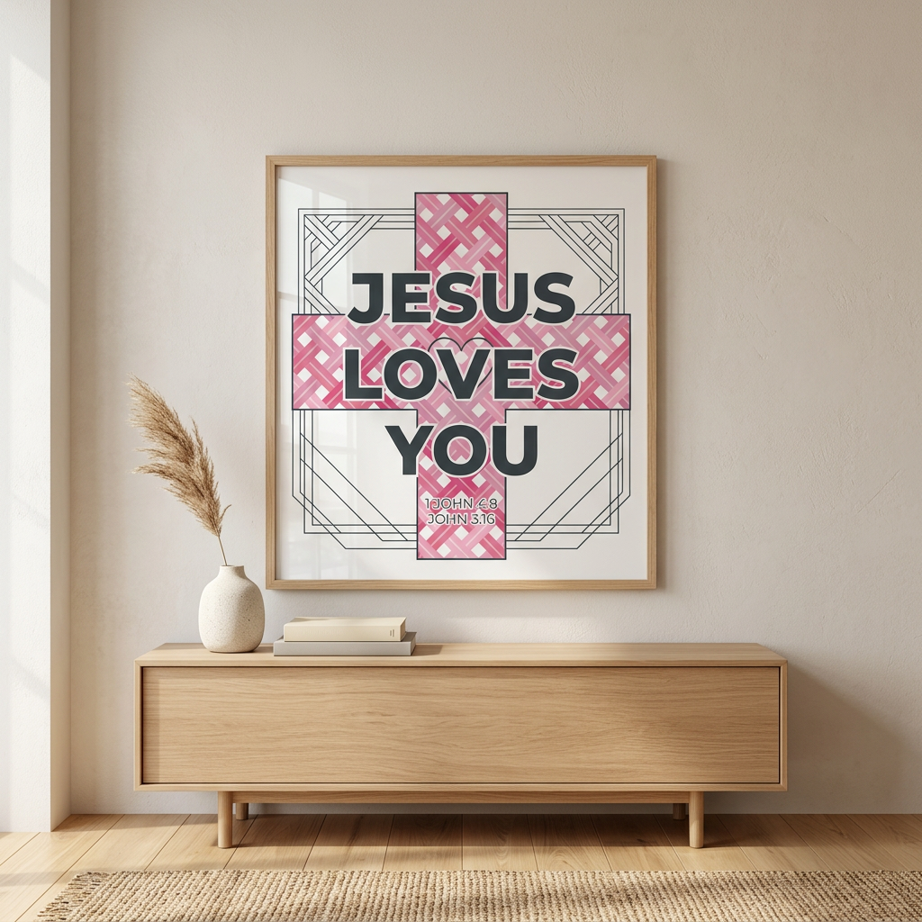 Framed artwork with 'Jesus Loves You' text on a wall above a wooden cabinet.