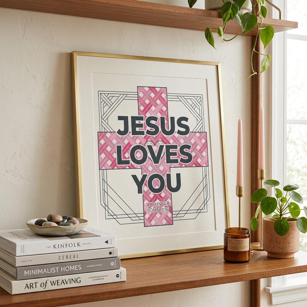 Framed poster with 'Jesus Loves You' on a shelf with books and a candle.