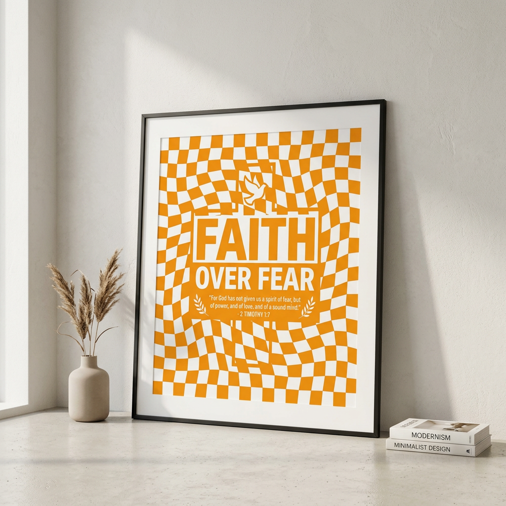 Framed poster with 'Faith Over Fear' design on a wall in a room with decor elements.