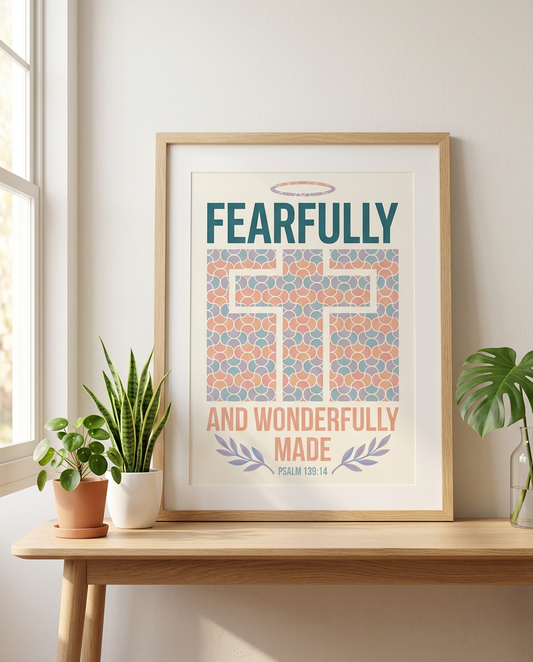 Framed poster with 'Fearfully and Wonderfully Made' text on a wooden table with plants.