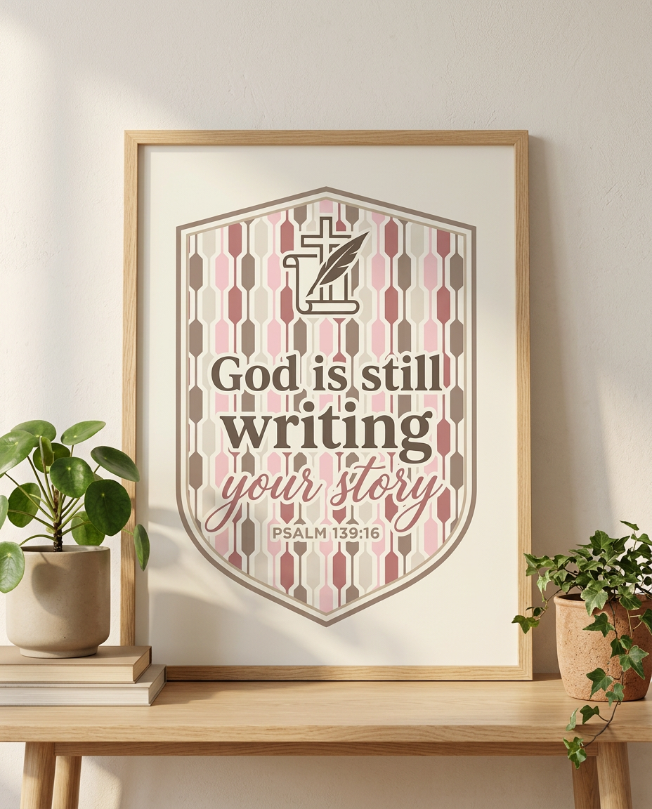 Framed print with Psalm 139:16 quote "God is still writing your story" on a wooden table with plants