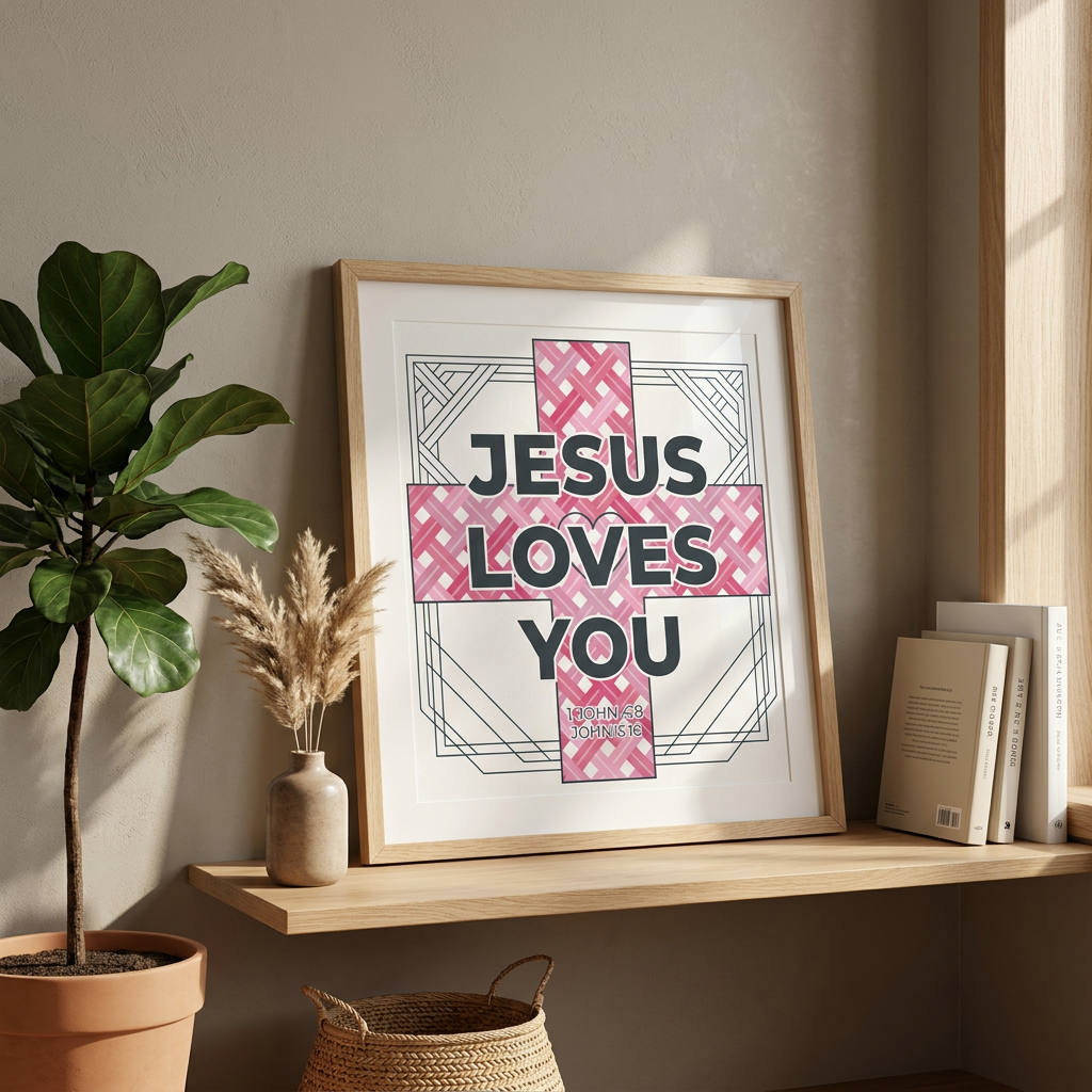 Framed artwork with 'Jesus Loves You' on a shelf with decor items.