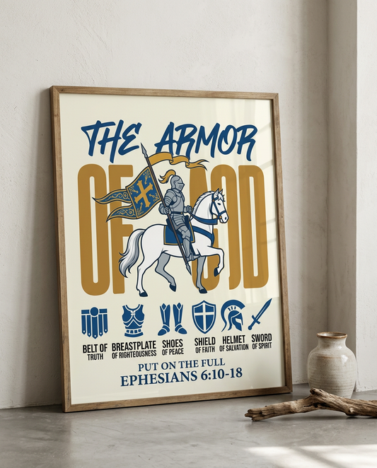 Framed poster titled 'The Armor of God' with a knight on a horse design, displayed on a wall.