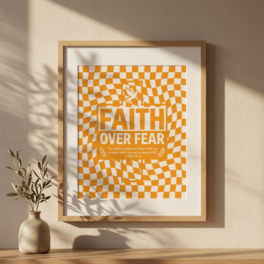 Framed poster with 'Faith Over Fear' quote on a checkered background, placed on a wooden surface with a vase and plant.