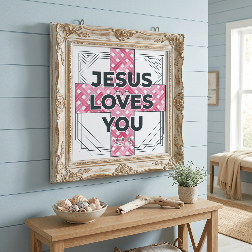 Decorative wall art with 'Jesus Loves You' on a light blue wall above a wooden table.