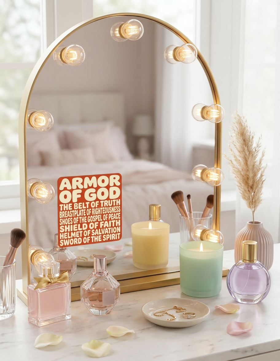 A square, rust-colored "Armor of God" sticker is attached to the bottom left corner of an arched gold vanity mirror. The mirror is lined with glowing round bulbs and sits on a marble surface surrounded by perfume bottles, lit candles, makeup brushes, and delicate jewelry.