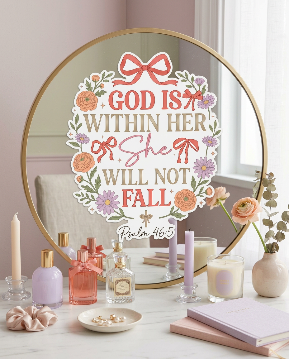 Decorative mirror with floral sticker 'God is within her, she will not fall' on a table with candles and flowers