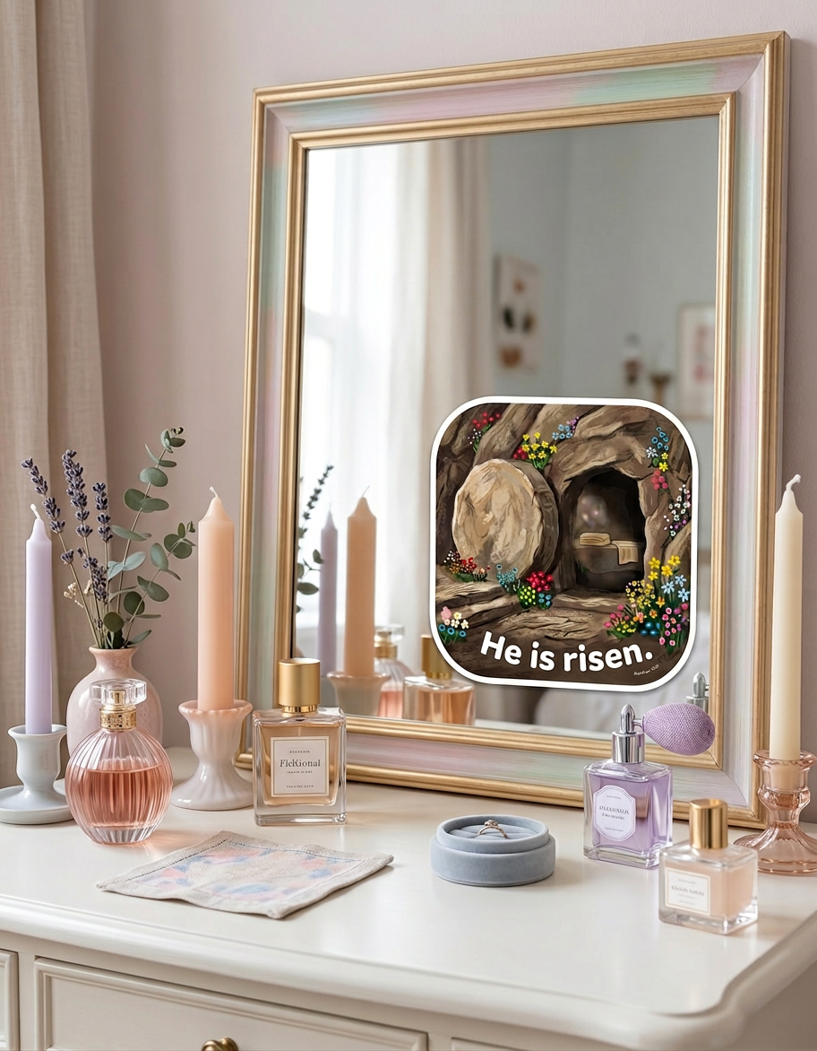 A square sticker with rounded corners is attached to a vanity mirror. The sticker features an illustrated empty tomb scene surrounded by colorful flowers, with the stone rolled away and folded cloths inside the cave. Bold white text at the bottom reads, “He is risen.” The mirror sits on a vanity surrounded by candles, perfume bottles, and decorative items.