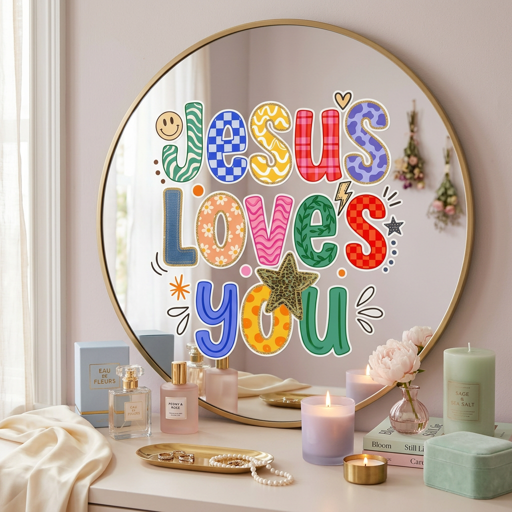 Colorful Jesus loves you Christian sticker displayed on round gold vanity mirror with soft feminine decor, candles, perfume bottles, flowers, and pastel aesthetic bedroom setup, cute faith sticker mockup for mirror, journal, laptop, and Christian gift ideas.
